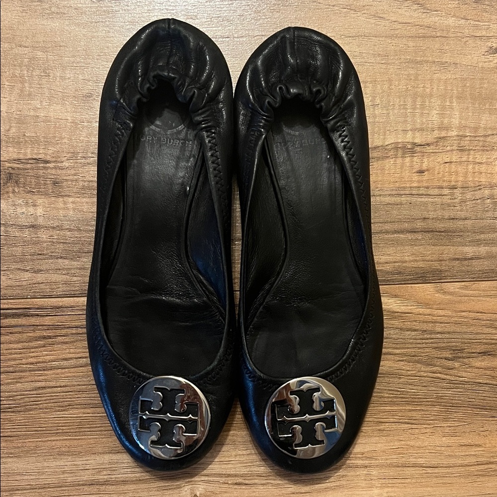 Tory Burch Black Flats with Silver Logo